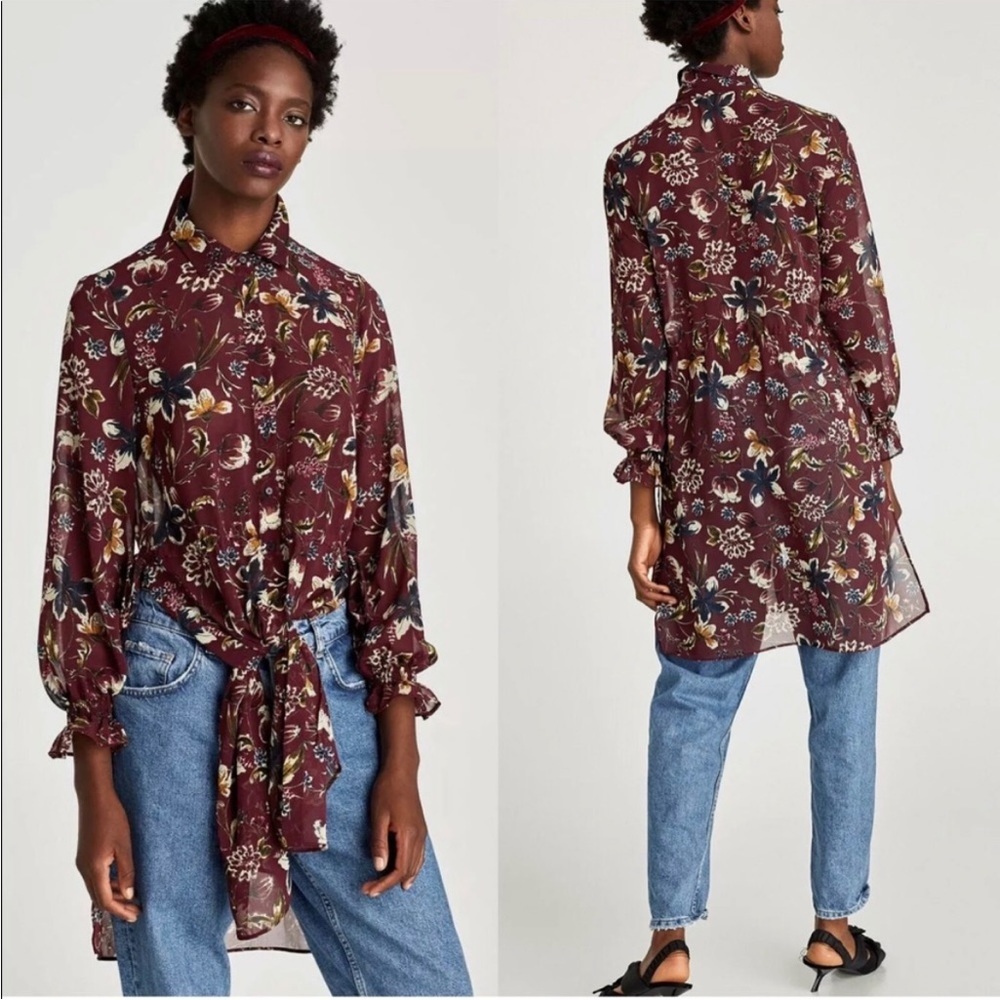 Zara Basic Maroon Floral Semi Sheer Long Cardigan Length Blouse. Size XS